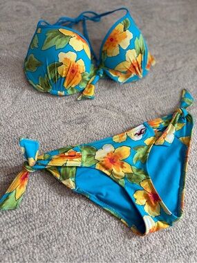Hollister Tropical Floral Push Up Bikini Set Blue Yellow L Top XS Bottom